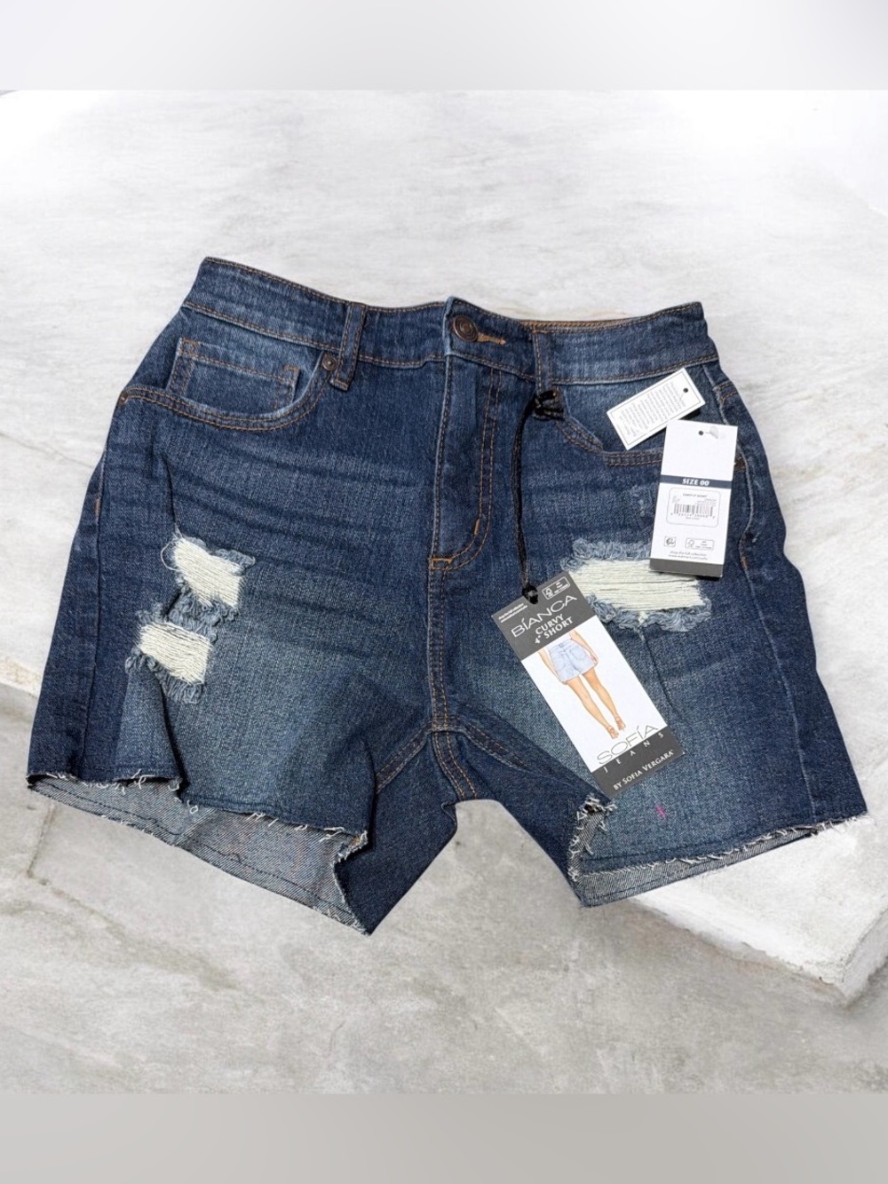 Sofia Vergara Bianca High-Rise Distressed Denim Shorts - Dark Blue
